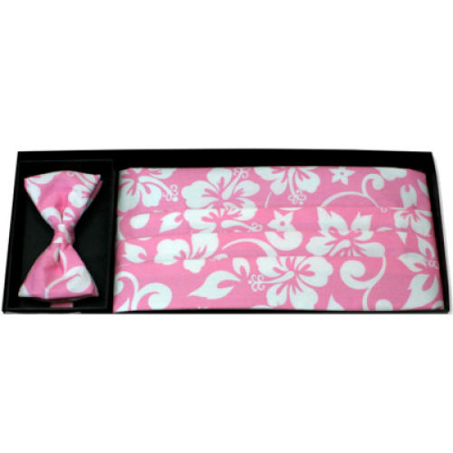 Pink Pareaus Hawaiian Floral Cummerbund and Bow Tie Set